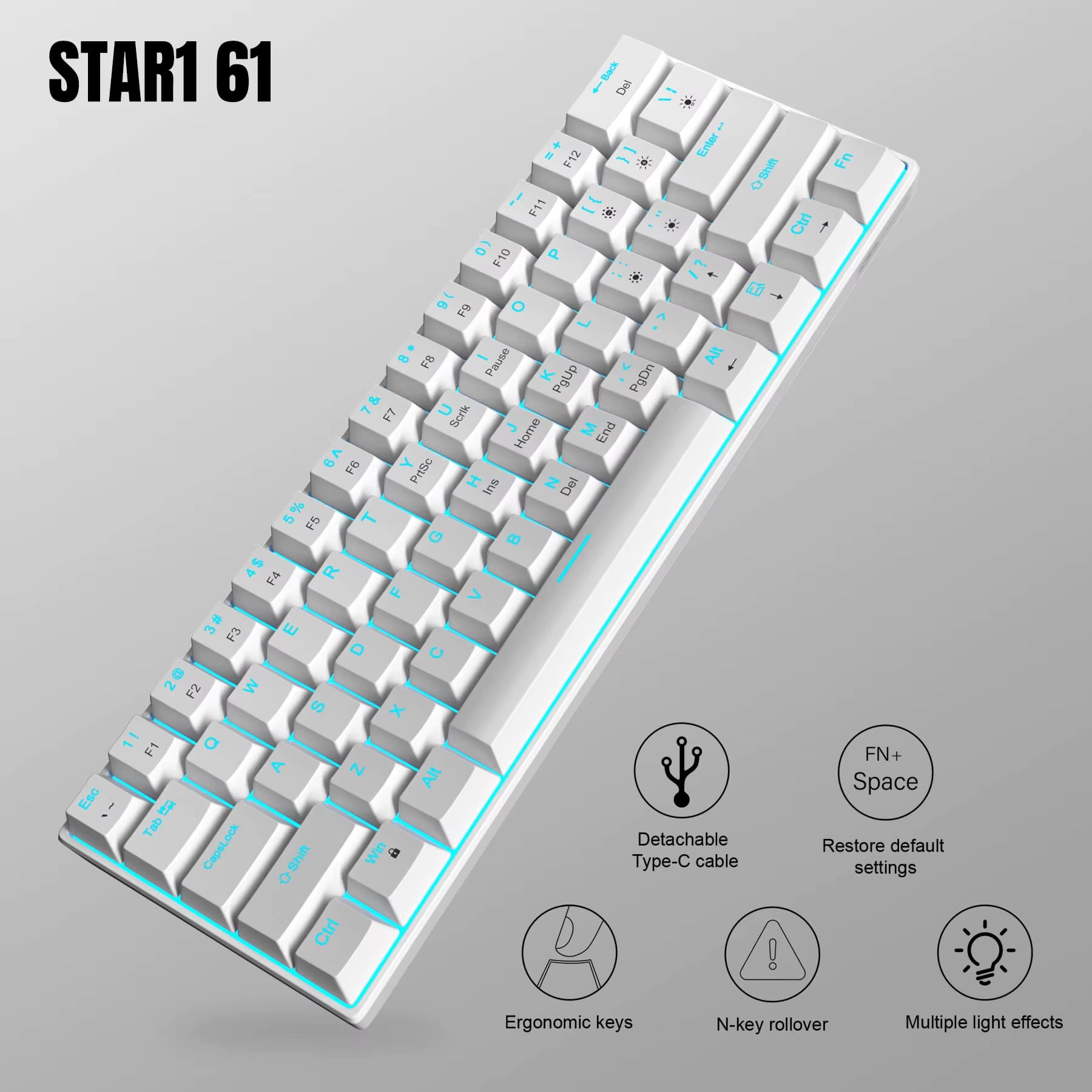 Mk-Star61 Mini 60% Mechanical Keyboard 61 Keys Wired LED Backlit Compact Gaming Keyboard for Laptop, Desktop, PC, Tablet