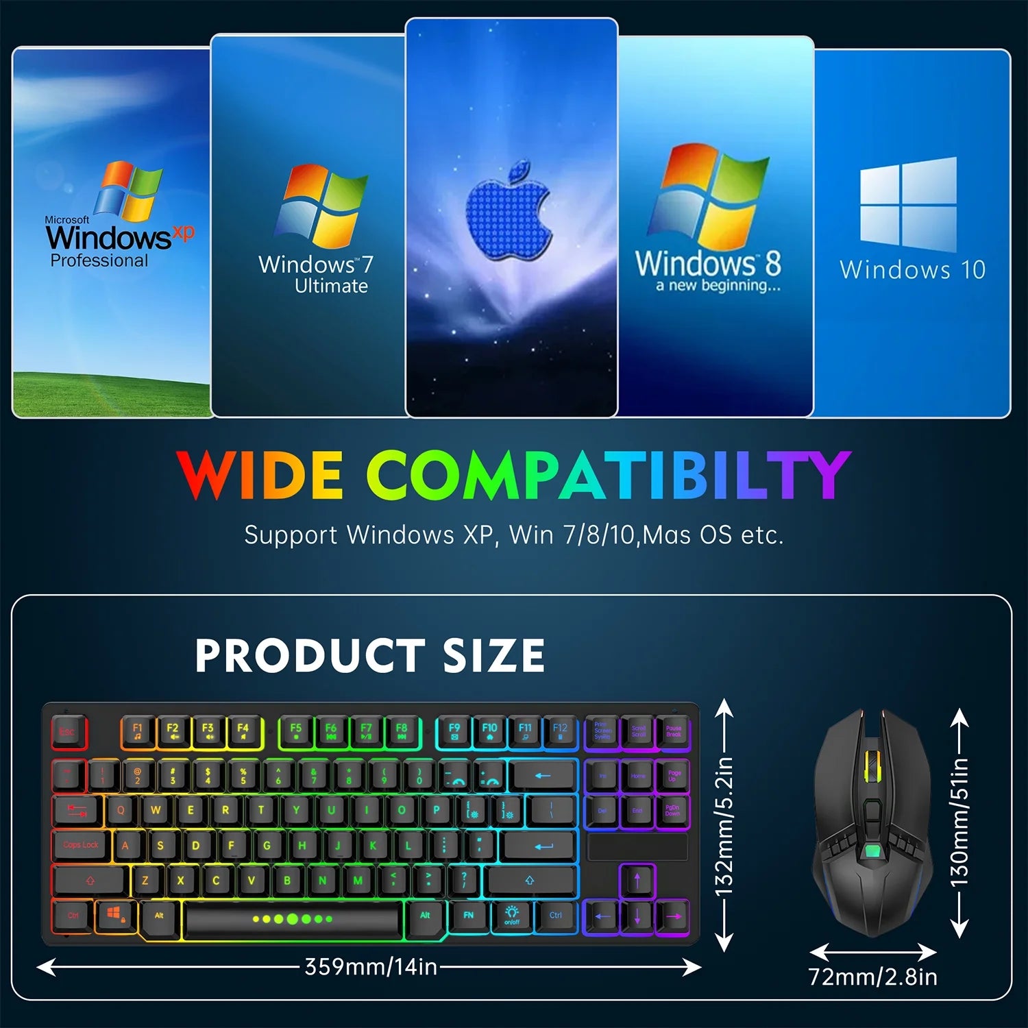 Wireless Keyboard and Mouse Combo, 87 Keys Rechargeable Gaming Keyboard Mouse Set, Silent Ergonomic Anti-Ghosting Keyboard, W/ 2.4G USB Receiver, 7 Color Backlit for Windows Desktop Laptop PC