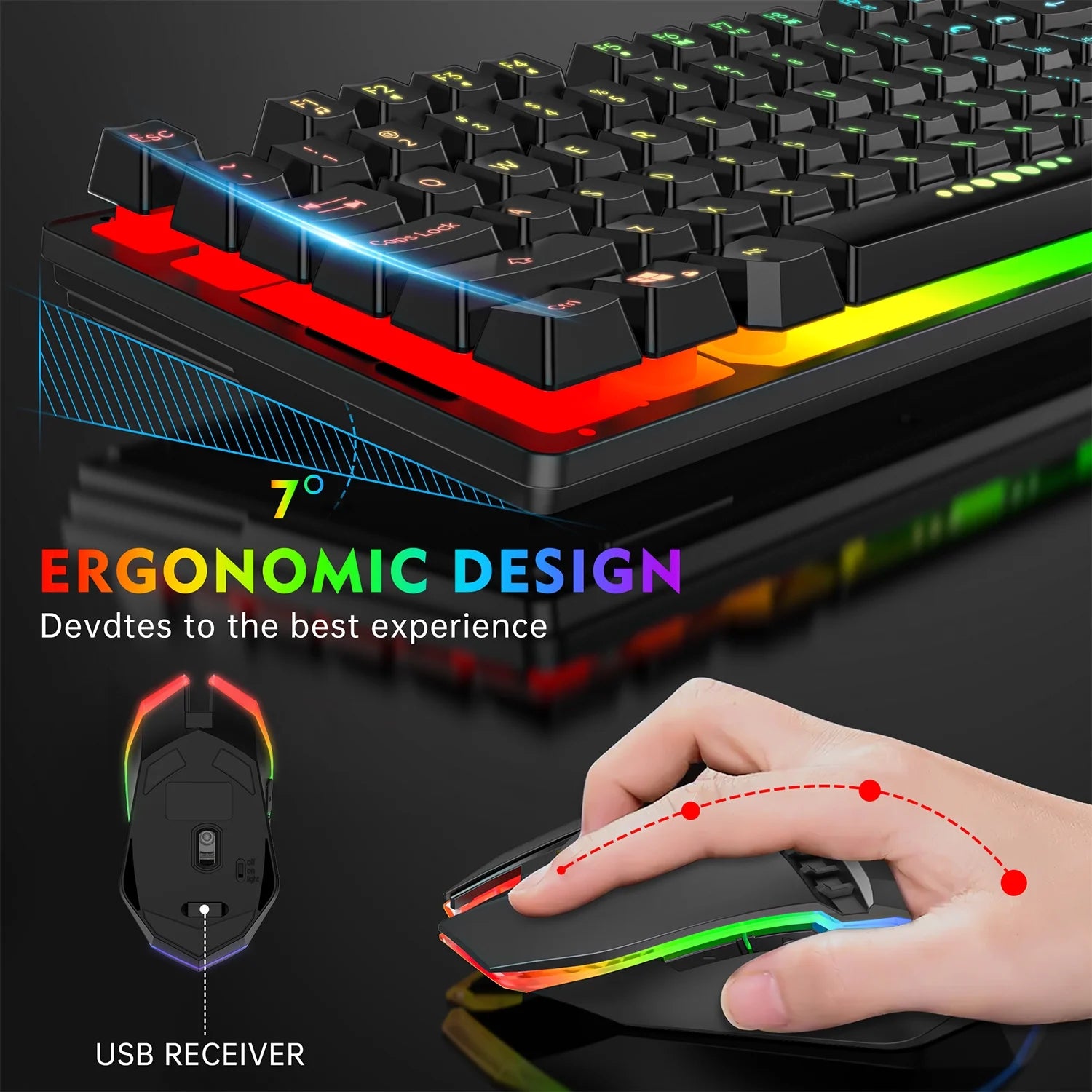 Wireless Keyboard and Mouse Combo, 87 Keys Rechargeable Gaming Keyboard Mouse Set, Silent Ergonomic Anti-Ghosting Keyboard, W/ 2.4G USB Receiver, 7 Color Backlit for Windows Desktop Laptop PC