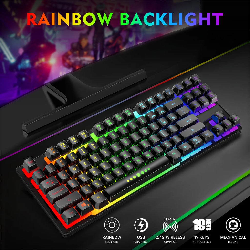 Wireless Keyboard and Mouse Combo, 87 Keys Rechargeable Gaming Keyboard Mouse Set, Silent Ergonomic Anti-Ghosting Keyboard, W/ 2.4G USB Receiver, 7 Color Backlit for Windows Desktop Laptop PC