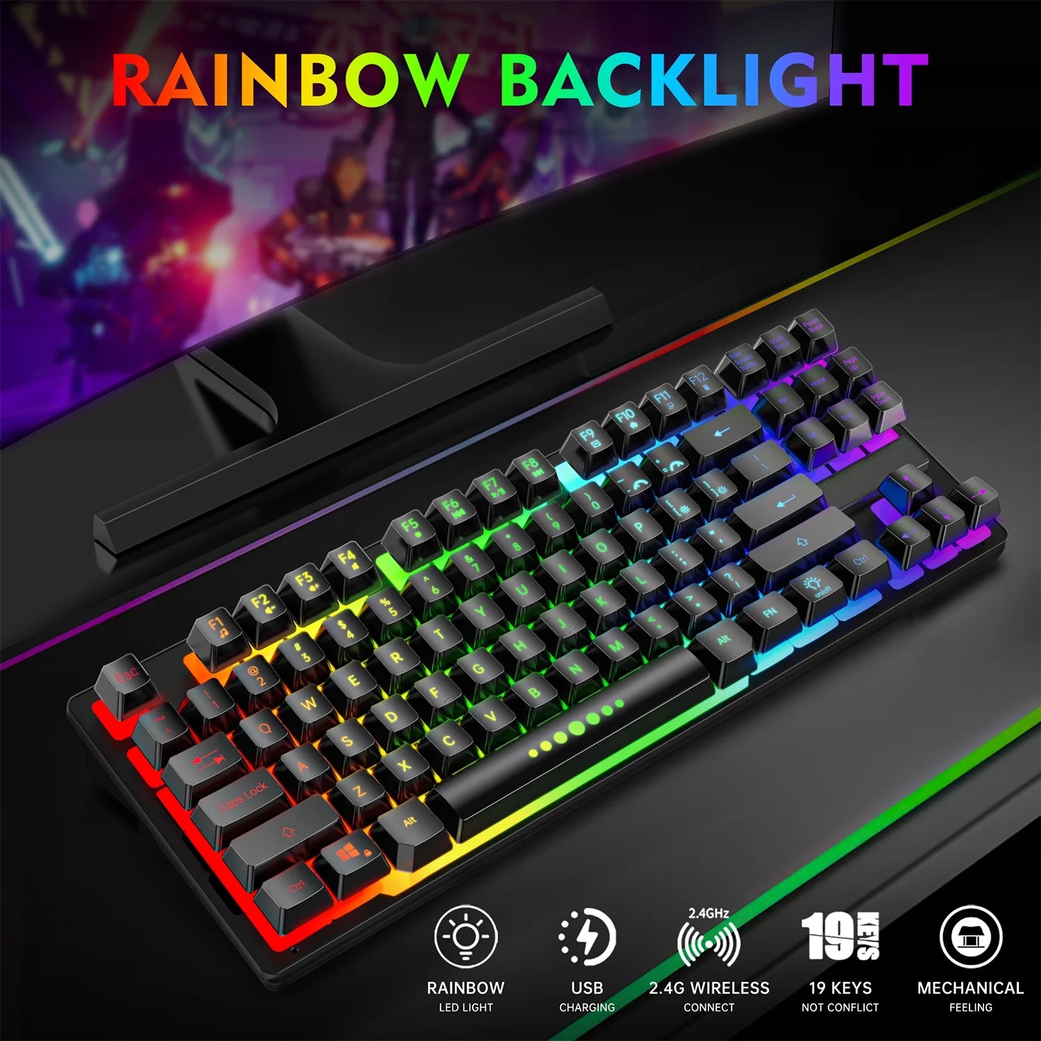 Wireless Keyboard and Mouse Combo, 87 Keys Rechargeable Gaming Keyboard Mouse Set, Silent Ergonomic Anti-Ghosting Keyboard, W/ 2.4G USB Receiver, 7 Color Backlit for Windows Desktop Laptop PC