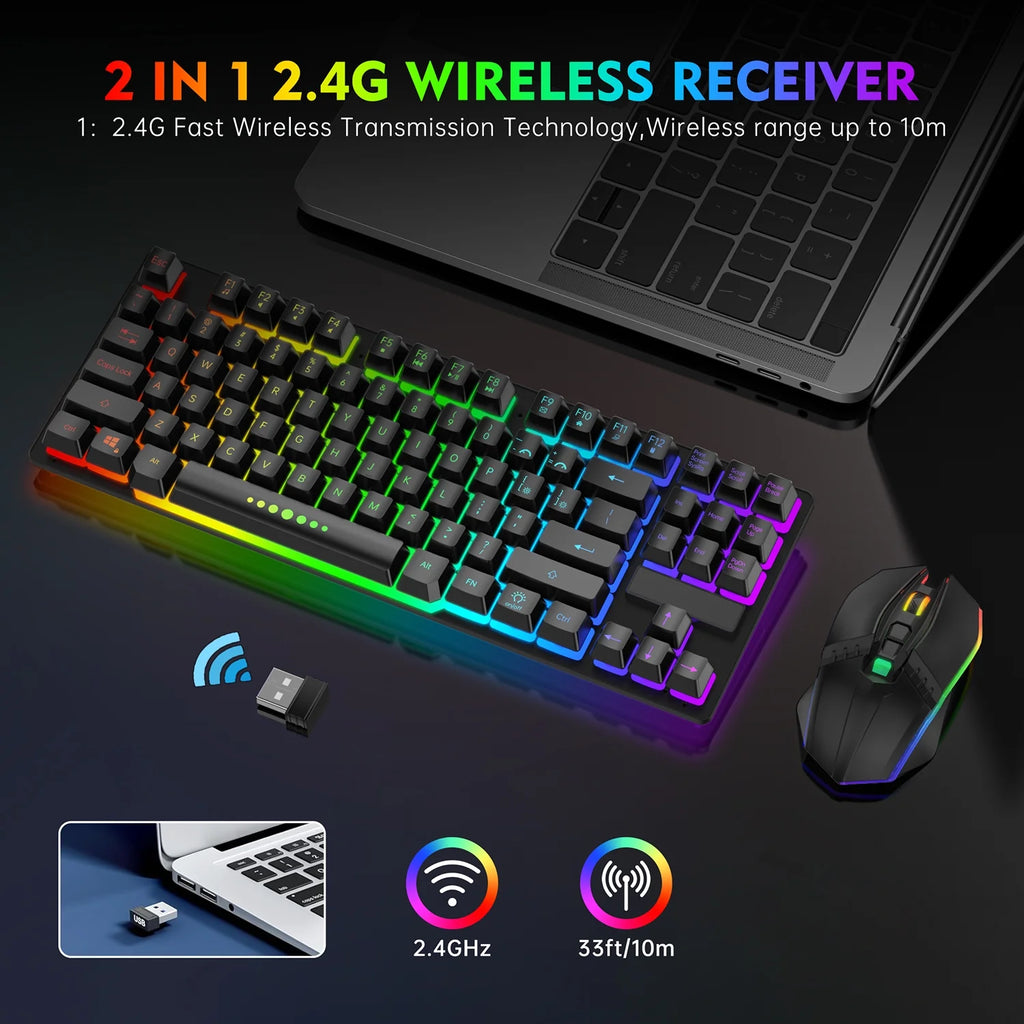 Wireless Keyboard and Mouse Combo, 87 Keys Rechargeable Gaming Keyboard Mouse Set, Silent Ergonomic Anti-Ghosting Keyboard, W/ 2.4G USB Receiver, 7 Color Backlit for Windows Desktop Laptop PC