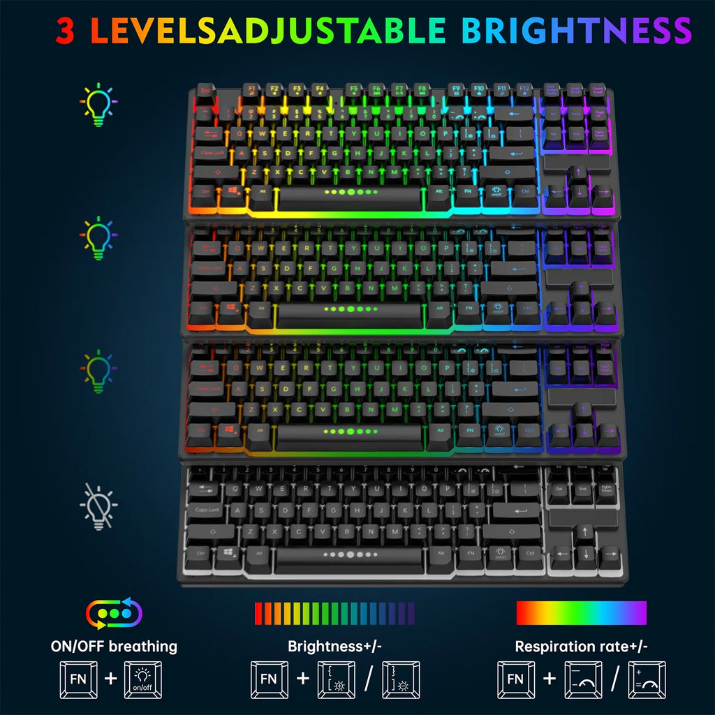 Wireless Keyboard and Mouse Combo, 87 Keys Rechargeable Gaming Keyboard Mouse Set, Silent Ergonomic Anti-Ghosting Keyboard, W/ 2.4G USB Receiver, 7 Color Backlit for Windows Desktop Laptop PC