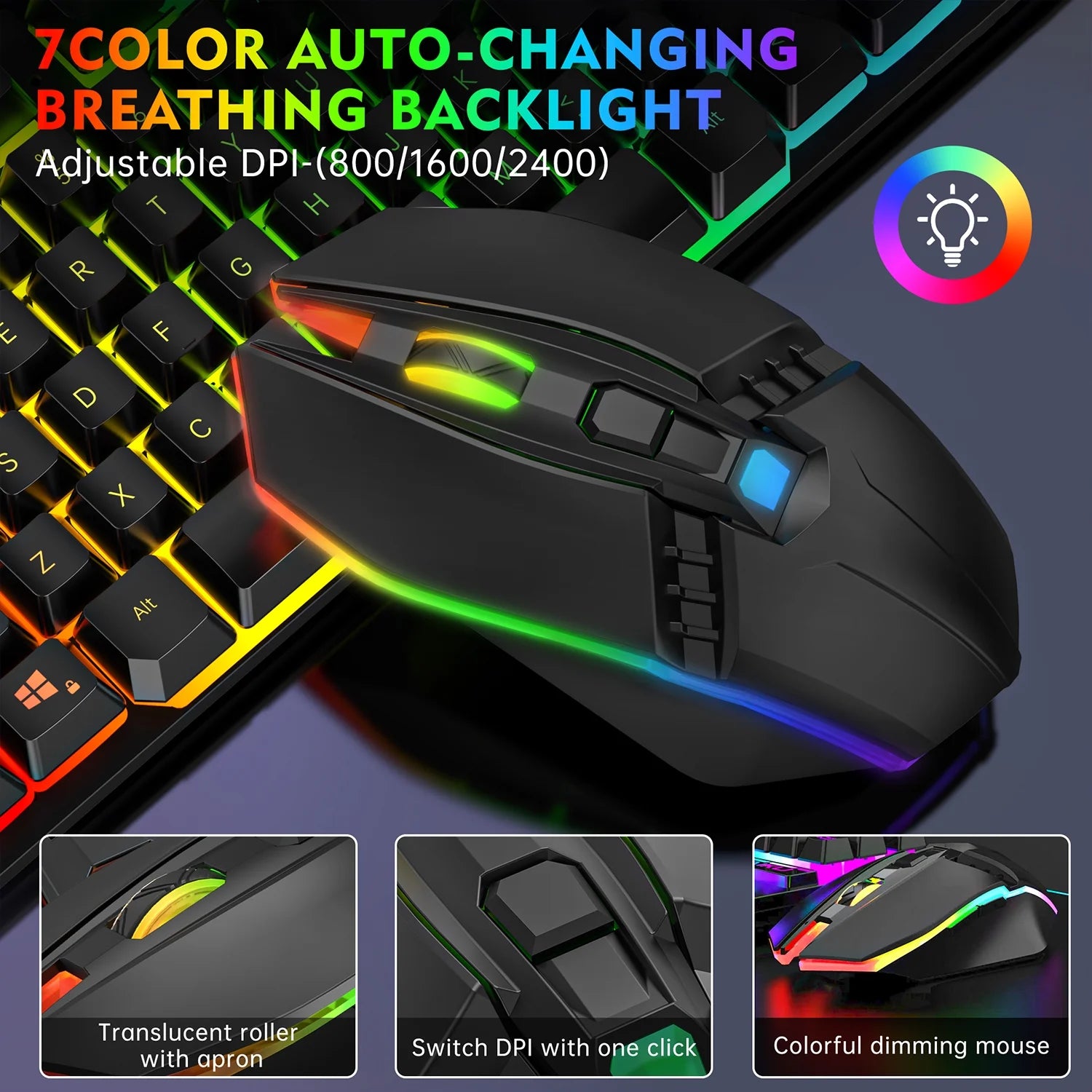 Wireless Keyboard and Mouse Combo, 87 Keys Rechargeable Gaming Keyboard Mouse Set, Silent Ergonomic Anti-Ghosting Keyboard, W/ 2.4G USB Receiver, 7 Color Backlit for Windows Desktop Laptop PC